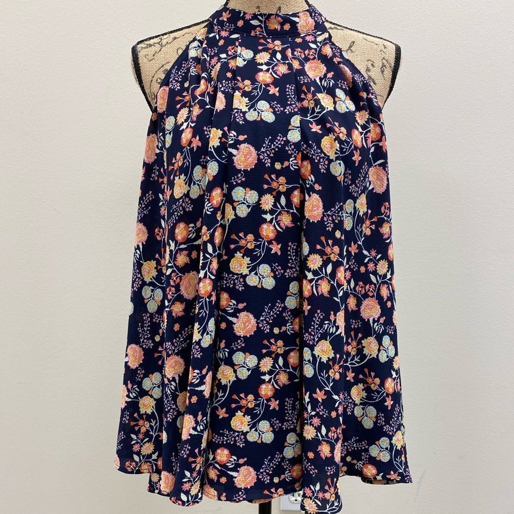 Alta blue floral high halter‎ neck sleeveless flowy tunic top
